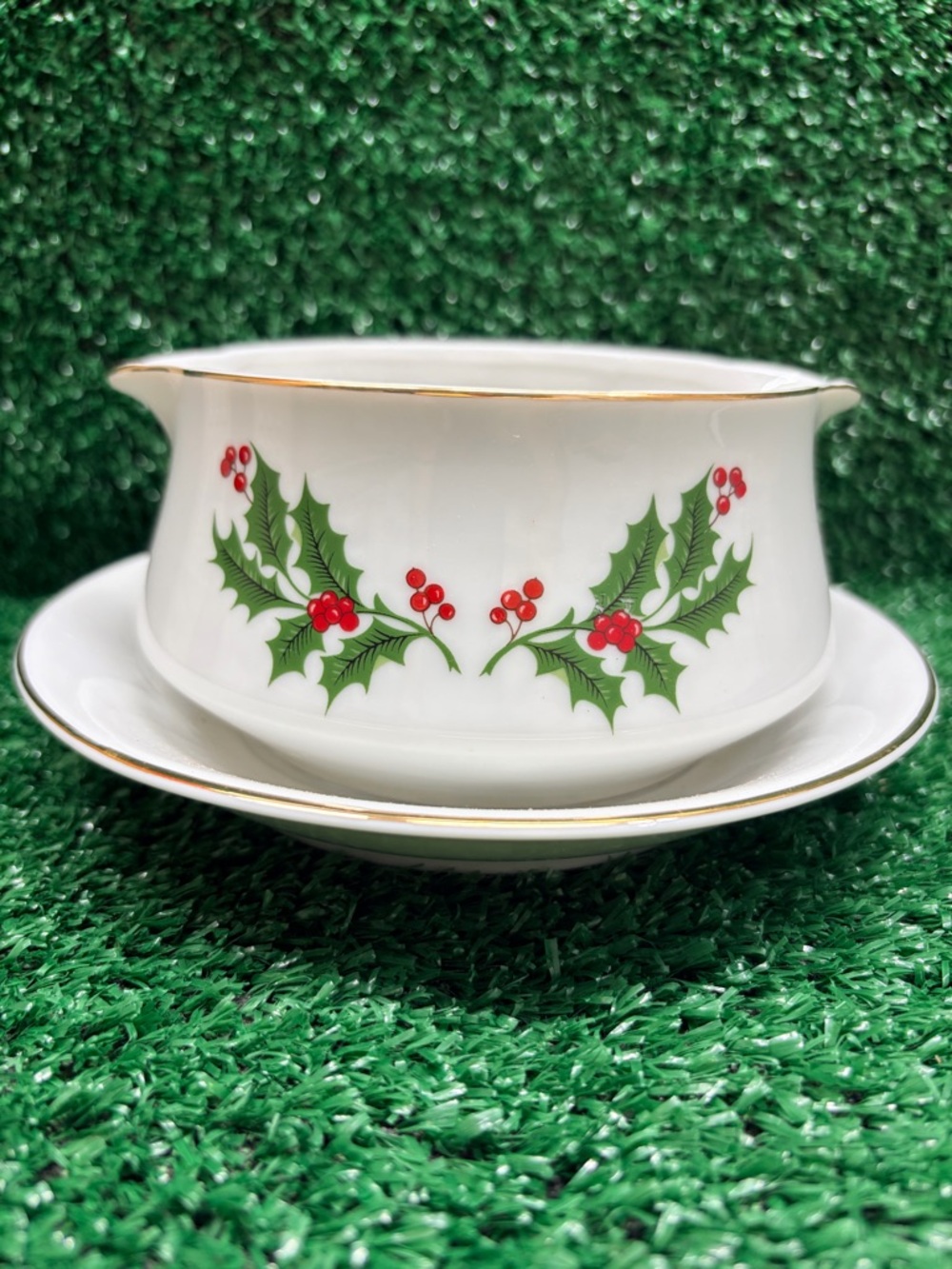 Vintage Festive Holly Gravy Boat with Saucer - White and Green with Red Berries